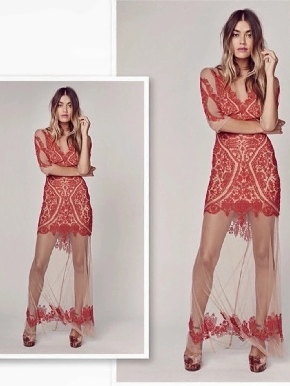 For Love & Lemons San Marcos Embroidered Maxi Dress Pink & Red